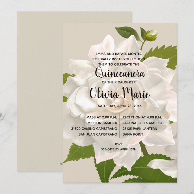 Gardenia Vintage Floral Quinceañera Invitations (Devant / Derrière)