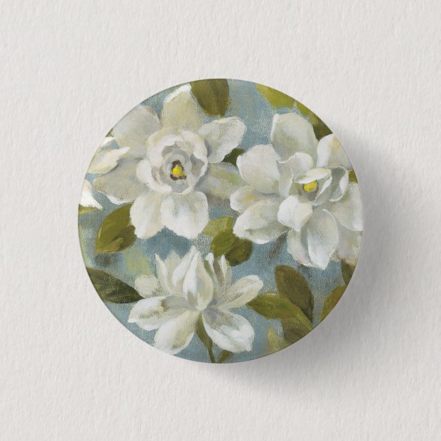 Gardenias on Slate Blue 1 Inch Round Button (Front)