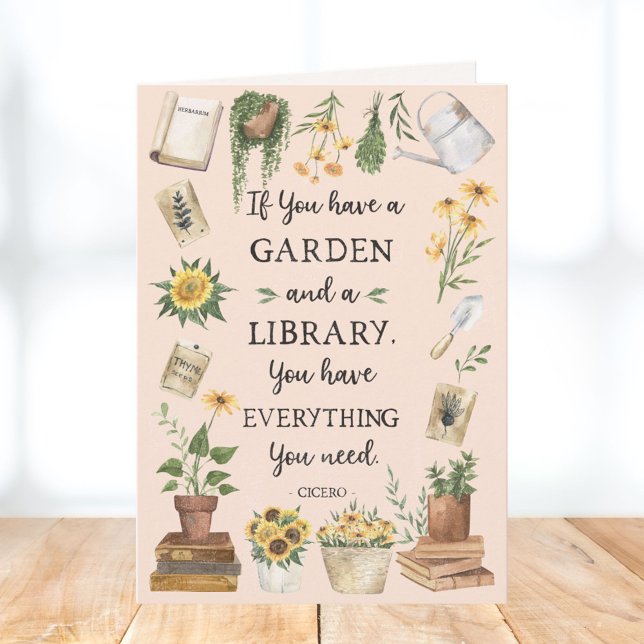 Gardening and Library Quote Sunflower and Herbs Card (In situ)