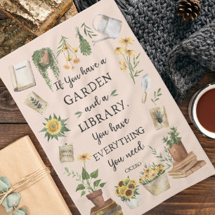 Gardening and Library Quote Sunflower and Herbs Kitchen Towel