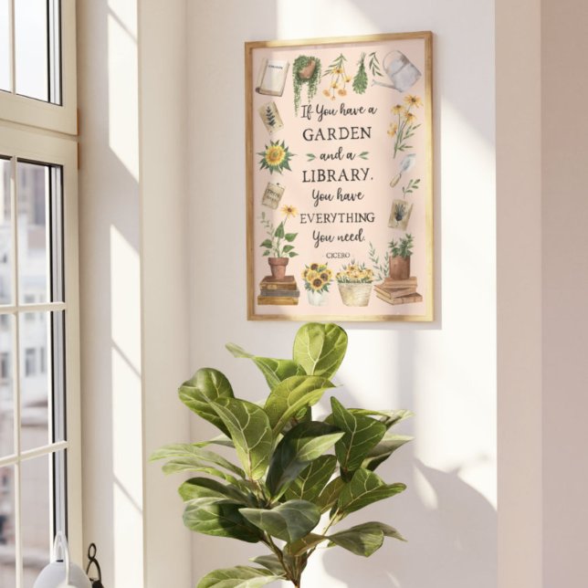Gardening and Library Quote Sunflower and Herbs Poster (Lifestyle photo)