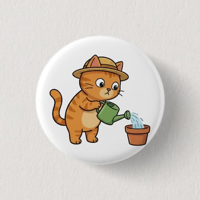 Gardening Cat Watering Plant Button (Front)