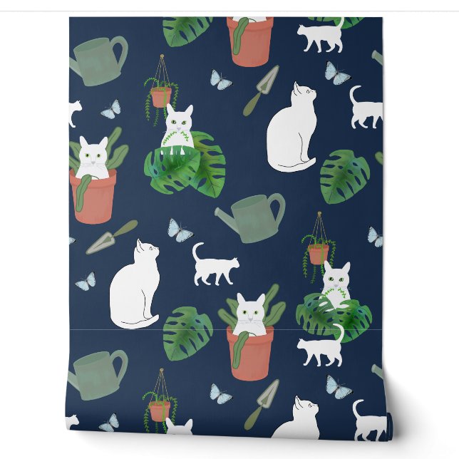 Gardening Cats White Kitty and Plants on Blue Wall (Unrolling)