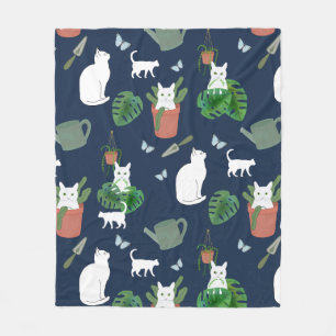 Gardening Cats White Kitty Plants on Blue Blanket