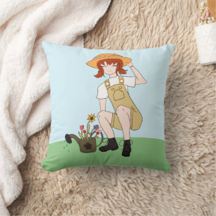 Gardening Girl with Flowers Brown Hair Throw Pillow