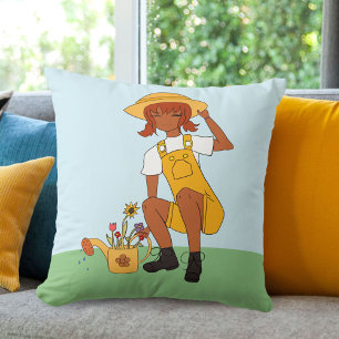 Gardening Girl with Flowers Drawing Throw Pillow