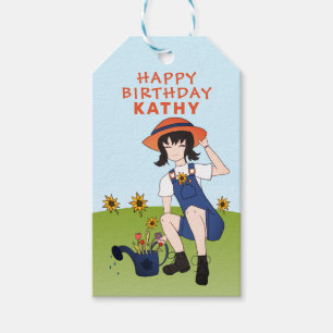 Gardening Girl with Sunflowers Happy Birthday Gift Tags