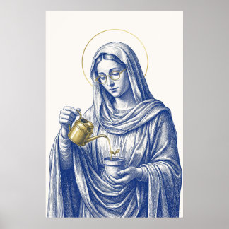 Gardening Madonna with Gold Glasses Watering Sprou Poster
