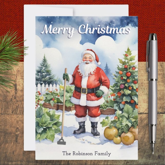 Gardening Santa Merry Christmas Vegetable Garden Holiday Card (A gardening themed Christmas card, with picture of Santa in a snowy garden in a watercolor style)