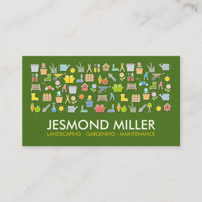 Gardening Services - colourful icons pattern Business Card (Front)