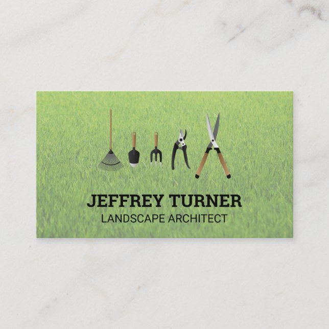 Gardening Tools | Grass Background Business Card (Front)