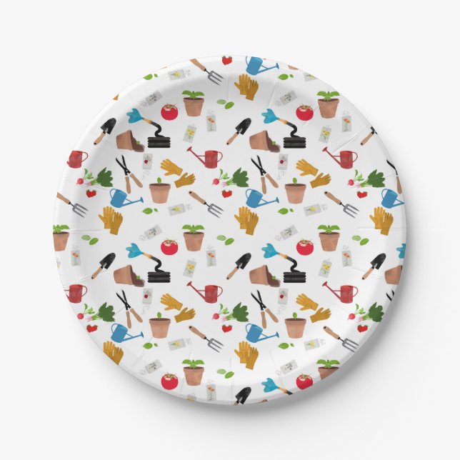 Gardening Tools Plants Gardener Nursery Pattern Paper Plate (Front)