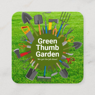 Gardening Tools Variety   Green Grass Square Business Card