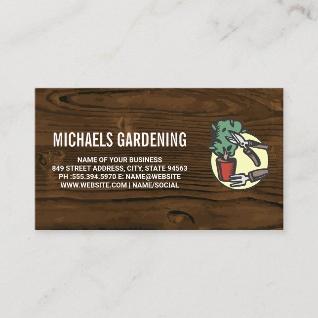 Gardening Tools | Wood Grain Background Business Card (Front)