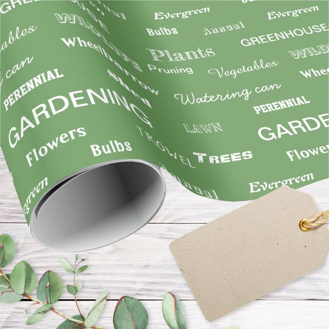 Gardening Words Garden Lovers Modern Green Gift Wrapping Paper (Gardener's gift wrap with pattern of gardening themed words, in various fonts, in white on green)