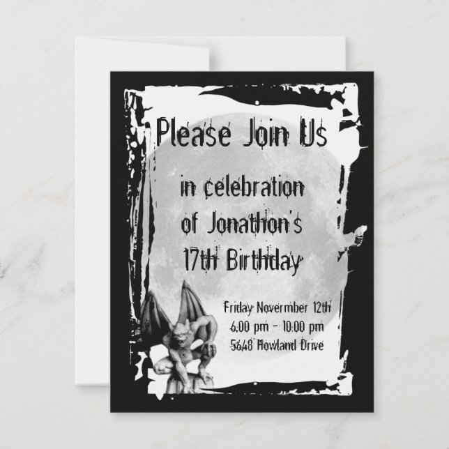 Gargoyle and Full Moon Gothic Birthday Invitation (Front)