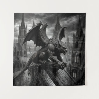 Gargoyle Awakening on Rain-Soaked Cathedral Roof Tapestry