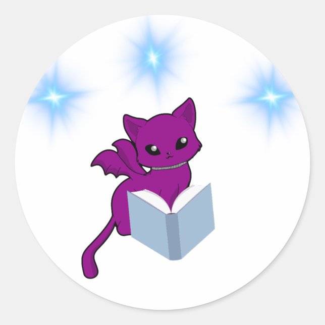Gargoyle Cat/ Winged Cat Reading  Classic Round Sticker (Front)