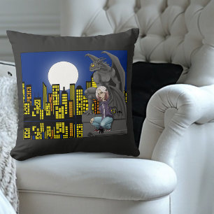 Gargoyle Urban Fantasy Cityscape Throw Pillow