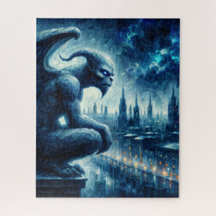 Gargoyle Watching Over Gothic City Blue Jigsaw Puzzle