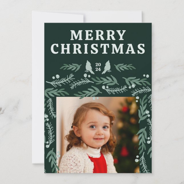 Garland Border Green Botanical Two Photo Holiday Card (Front)