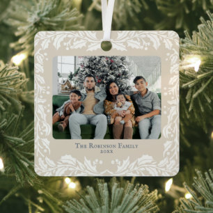 Garland Family Name Year Christmas Photo Beige Metal Ornament