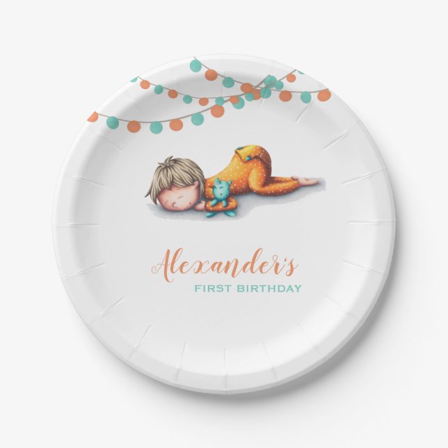 Garland Sleeping Boy Illustration First Birthday Paper Plate (Front)