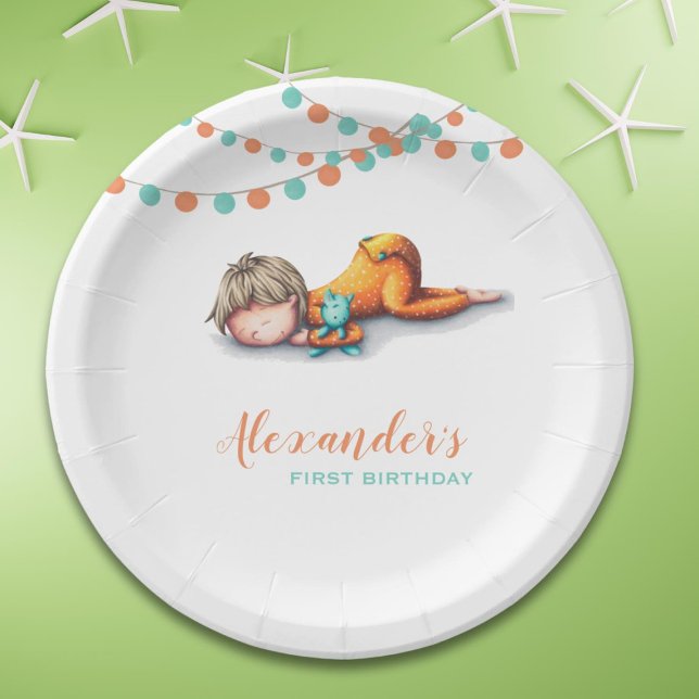 Garland Sleeping Boy Illustration First Birthday Paper Plate (Creator Uploaded)