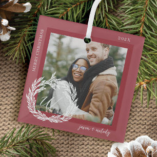 Garland Wreath Couple Monogram Photo Christmas Glass Ornament