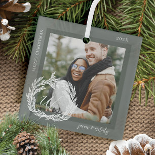 Garland Wreath Couple Monogram Photo Christmas Glass Ornament