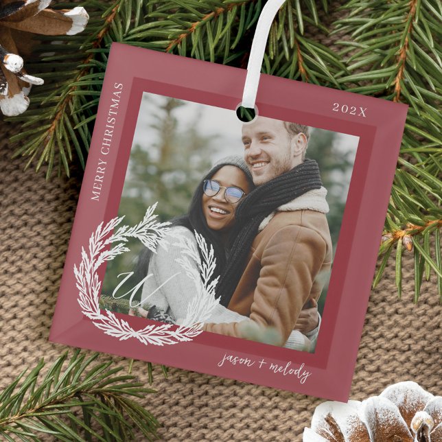 Garland Wreath Couple Monogram Photo Christmas Glass Ornament (Garland Wreath Couple Monogram Photo Christmas Glass Ornament)