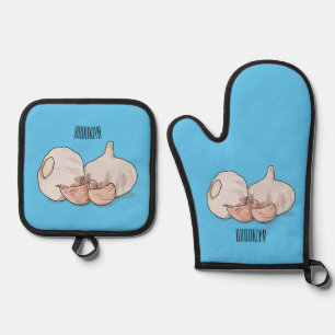 Garlic cartoon illustration oven mitt & pot holder set