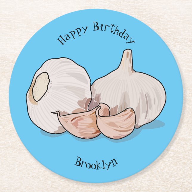 Garlic cartoon illustration round paper coaster (Front)