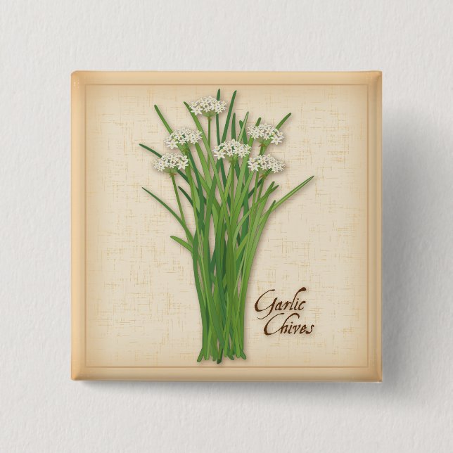 Garlic Chives Herb 2 Inch Square Button (Front)