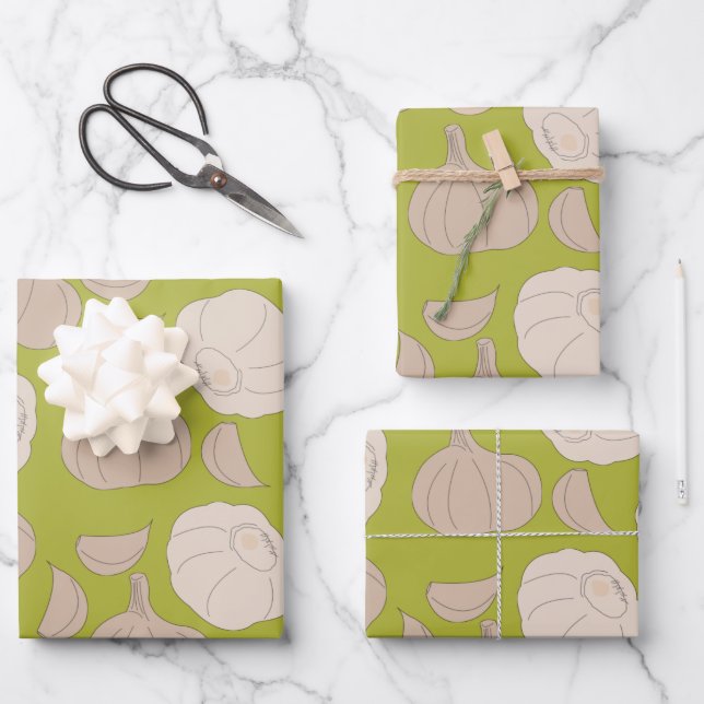 Garlic Pattern - Garlic Cloves & Bulb Wrapping Paper Sheet (Front)