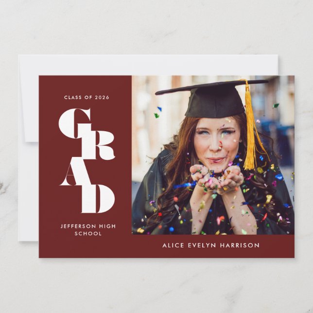 Garnet Bold Serif Single Photo Graduation Announcement (Front)