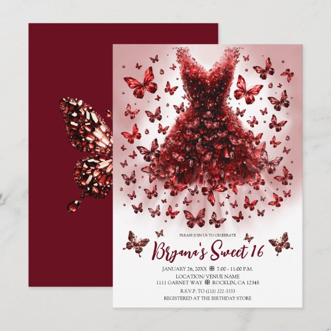 Garnet Dark Red Butterfly Dress January Birthstone Invitation (Front/Back)