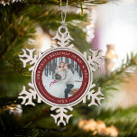 Garnet | First Married Christmas Photo Snowflake Pewter Christmas Ornament<br><div class="desc">A perfect gift for newlyweds, this elegant snowflake shaped Christmas ornament features a favourite photo encircled by a festive garnet red border. "Our first Christmas as Mr. & Mrs." curves over the top of your photo in ivory lettering, with the year beneath. Customize with a wedding photo to create a...</div>