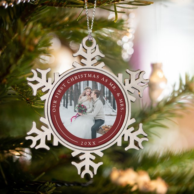 Garnet | First Married Christmas Photo Snowflake Pewter Christmas Ornament (Creator Uploaded)