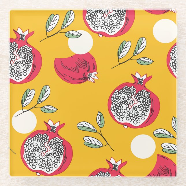 Garnet Fruit: Hand-Drawn Vintage Pattern. Glass Coaster (Front)