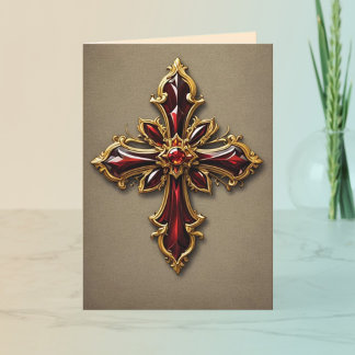 Garnet & Gold Cross Folded Greeting Card