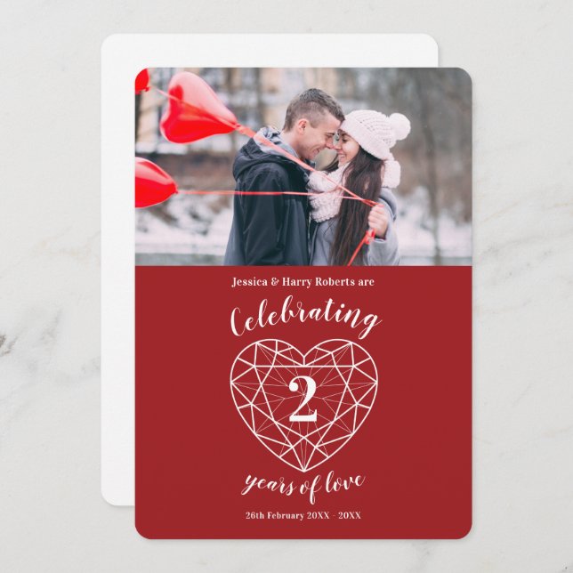 Garnet heart anniversary 2 years photo invitations (Front/Back)