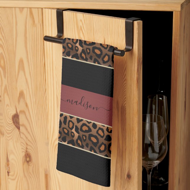 Garnet Red and Black Leopard Animal Print Kitchen Towel (Thirds Fold)
