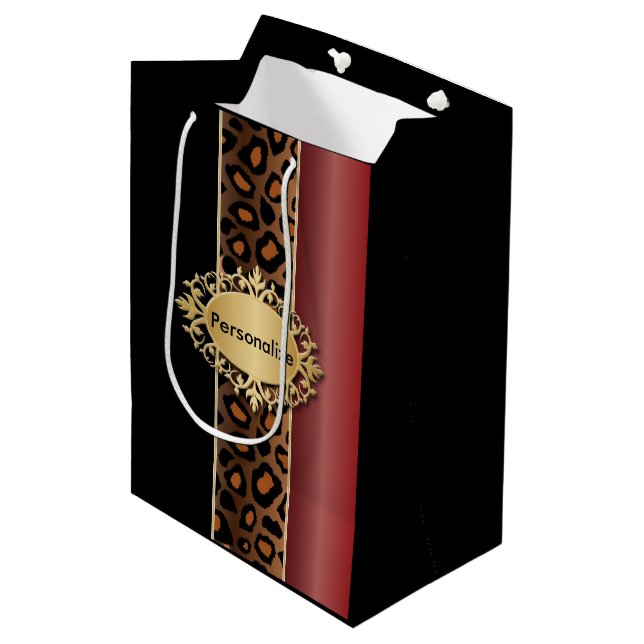 Garnet Red and Black Leopard Pattern Medium Gift Bag (Front Angled)