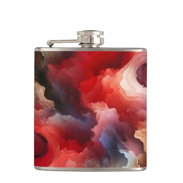 Garnet Red Smokey Abstract Watercolor Cloud Hip Flask (Front)