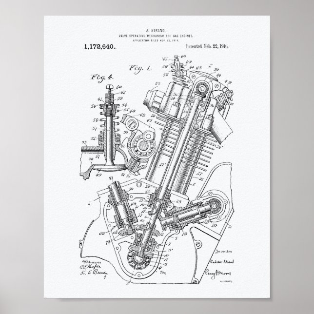 Gas Engine Valve 1916 Patent Art White Paper Poster (Front)