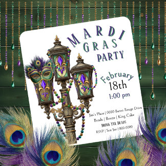 Gas Lamp | Mardi Gras Beads | Masquerade  Invitation