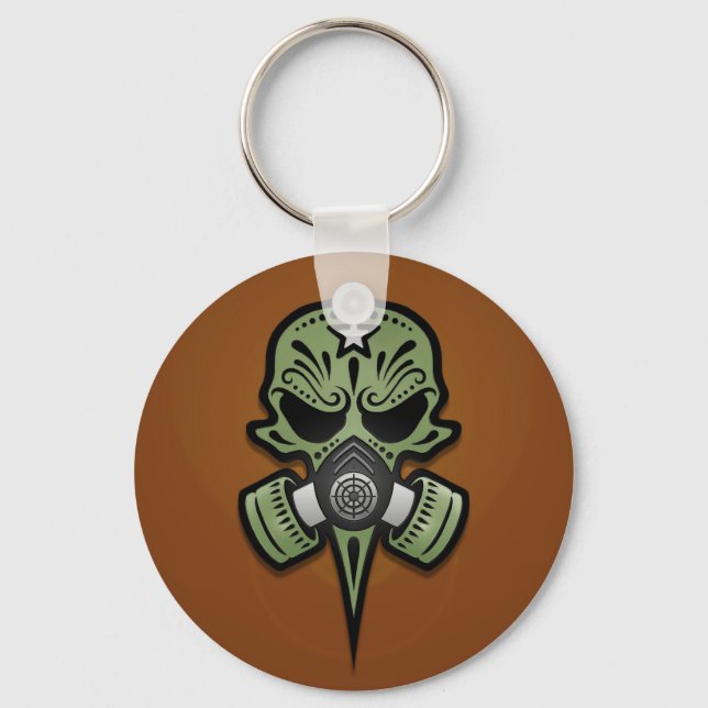 Gas Mask Sugar Skull, Green Keychain (Front)