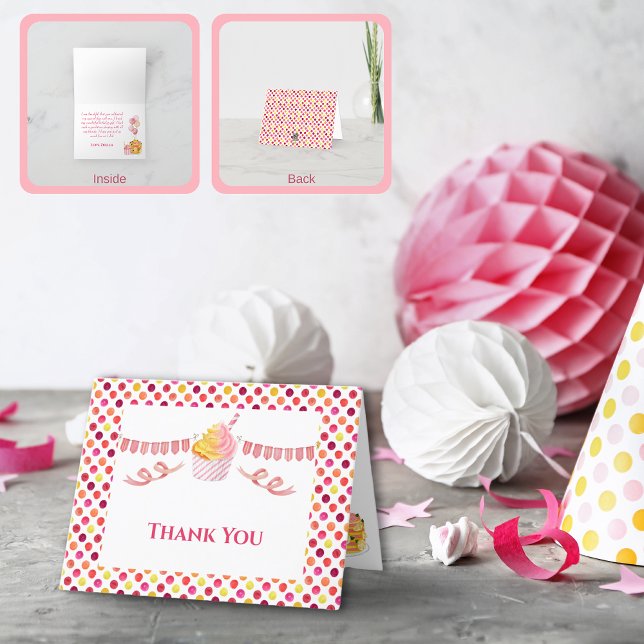Gâteau Cupcake Merci Point Jaune Rose (Pink Yellow Birthday Party Thank You Card)