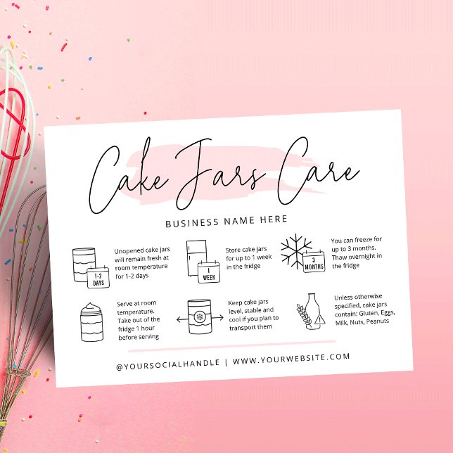 Gâteau dans les Cartes d'entretien de la jarre Aqu (Modern cake jars care cards with icons, trendy fonts and pink watercolor design and your logo)